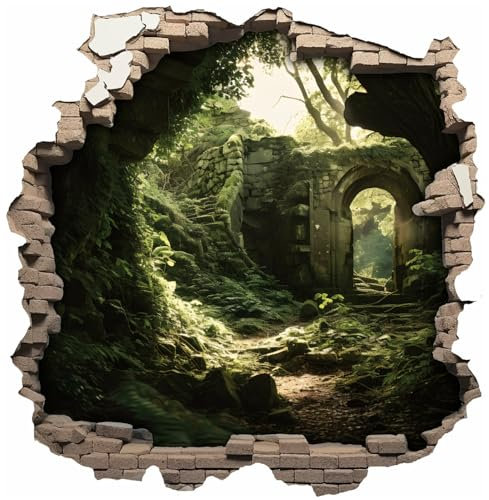 Samunshi® Wandaufkleber Wandriss mit Burgruine im Urwald Wandsticker Fenster in andere Welt Portal für Kinderzimmer Aufkleber Küche Wallart 70 x 70cm
