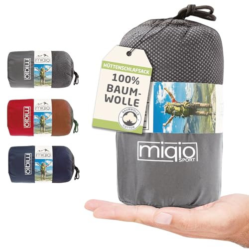 MIQIO® 2in1 Baumwoll-Hüttenschlafsack mit durchgängigem Reißverschluss (Koppelbar): Leichter Reiseschlafsack und XL Reisedecke in Einem - Sommer Schlafsack Innenschlafsack (Grau,Rechts)
