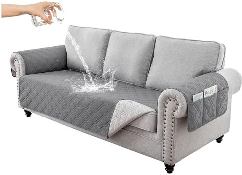 Hggzeg Sofabezug für 3-Sitzer, wasserdicht und rutschfest, Sofaschoner mit Seitentasche, waschbarer Sofaschoner für Kinder/Haustiere (Grau)