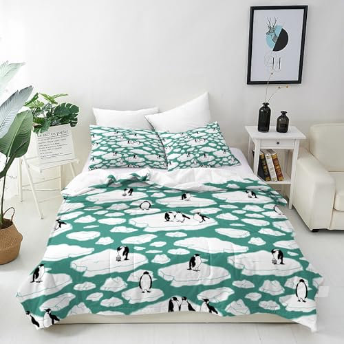 ANHOPE Pinguin-Bettwäsche-Set, weiche, leichte Mikrofaser, Bettbezug mit 2 Kissenbezügen, niedliches Cartoon-Tier, Ozean, Meer, Eis, Muster, 3-teiliges Bettwäsche-Set mit Reißverschluss, Kingsize, 230