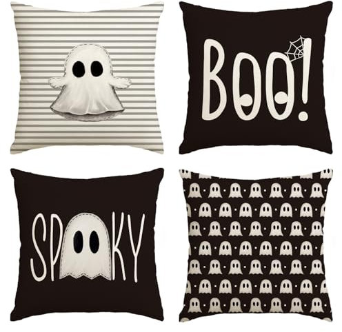 Artoid Mode Streifen Geist Boo Halloween Kissenbezüge 4er Set, 45x45 cm Saisonnal Spooky Zierkissenbezug Cushion Cover Deko