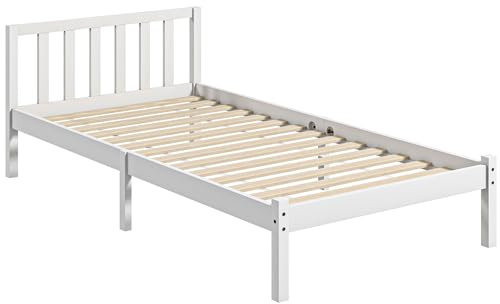 HOMCOM Cadre de lit en Bois Massif 90x190 cm Lit Simple avec tête de lit et Sommier à Lattes Solide pour Enfants Adultes Blanc