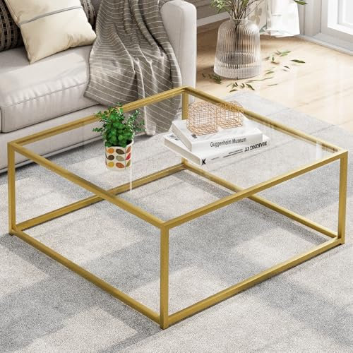 Petite table basse carrée en verre pour salon, table centrale simple et moderne pour petits espaces, table basse dorée pour salon, assemblage facile, 66 x 66 cm (doré et verre transparent)