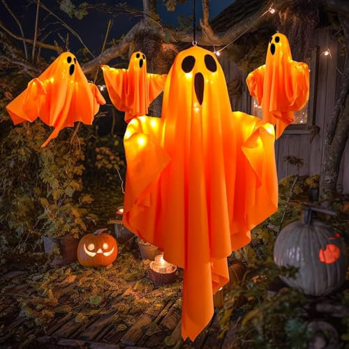 Starnearby Halloween Deko Outdoor, LED Hängende Geister, Lichterketten Halloween Geist Hängende Dekoration für Party, Terrasse, Rasen, Garten, Vorgarten Deko (4Pcs Orange 50CM)