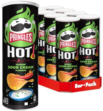 Pringles HOT Kickin' Sour Cream Flavour (8 x 160 g) – der unwiderstehliche Snack-Klassiker in der praktischen Dose – scharfe Chips mit Sour Cream Geschmack – Pop. Play. Eat.