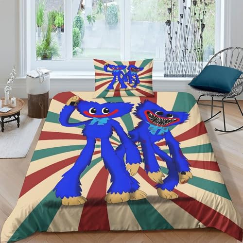 Poppy Playtime Für Kinder Mädchen Jungen Bettbezug Set Bettwäschegarnitur 3D Gedruckter Horror-Spiele-Cartoon Und Kissenbezüge Bettwäsche Weich Microfaser Reissverschluss 2 Teilig Single(135x200cm)