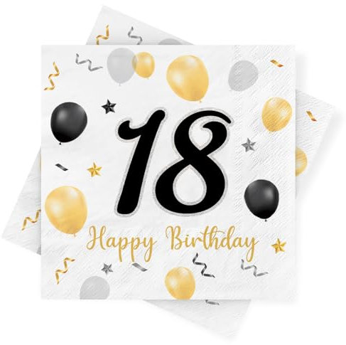 Servietten 18. Geburtstag, 30 Stück Schwarze Gold Geburtstags Servietten, Happy Birthday 18 Servietten, Milestone 18 Papierservietten, Deko 18. Geburtstag für Junge Mädchen Jubiläum Tischdekoration
