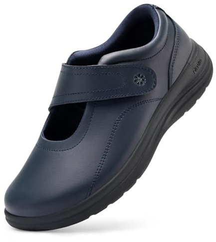 FitVille Weit Damenschuhe Echtleder Schuhe mit Klettverschluss Damen Leder Mary Jane 40 EU Weit Blau