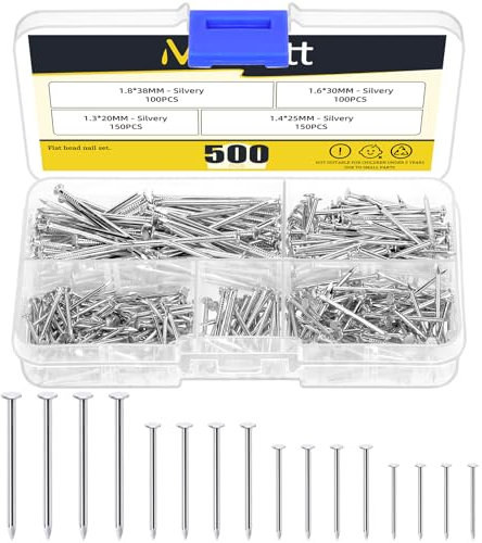 Mardatt 500 Stück 4 Größen Hardware Nägel Sortiment Kit, Nägel für hängende Bilder, kleine Nägel, Finishing Nägel, hängende Nägel, Holznägel, Pin-Nägel, Wand-Nägel zum Aufhängen (Silber)
