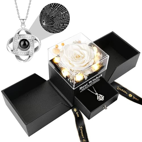 FAYODO Ewige Rose mit Ich Liebe Dich Halskette Damen,Echte Konservierte Blumen Rosenbox Geschenke für Frauen Mama Frau Valentinstag Muttertag Geburtstags Jubiläum(Perlweiß)