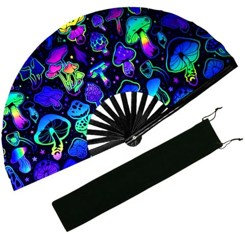 EOSAU UV Glow Large Rave Fan Folding Hand Fans for Line Dancing Portable Handheld Clack Fan for Festival EDM Party Music Outfit Accessories (Mushrooms)