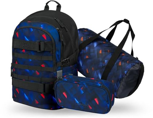 Baagl Schulrucksack Set Jungen 3 Teilig (Skateboard Rucksack, Mäppchen, Sporttasche), Schultasche ab 3. Klasse, Grundschule Ranzen mit Brustgurt, Ergonomischer Schulranzen, 25 l (Indigo)