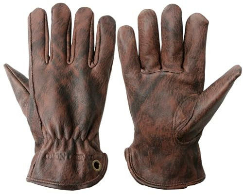 OLSON DEEPAK Mens Cowhide Leather Work Gloves Medium,Oiled Leather Gardening Gloves Womens,Utility Safety Working Gloves for Campinging/Welding/Driving/BBQ/Bushcraft,Retro Motorbike