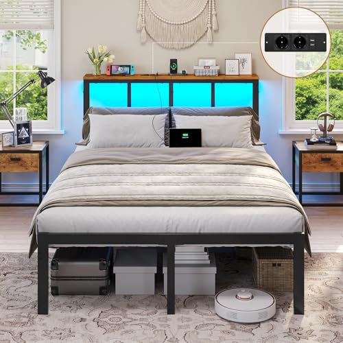 Brinlawb Bett 120x200 mit LED Beleuchtung Bettrahmen aus Metall mit Ladestation(2 AC-Steckdosen 2 USB-Anschlüsse) Metallbett 120x200 mit Kopfteil Bettgestell mit Lattenrost und Stauraum unter dem Bett