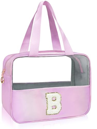 Personalized Initial Clear Makeup Bag Pink Cosmetic Bag Set Large Travel Toiletry Bag, Cute Clear Make Up Bags Organizer Bag for Girlfriend Teacher Gifts Teen Girl Gifts Trendy Stuff A, Purple, B