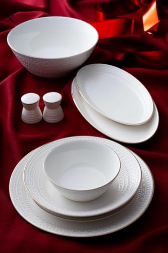 Vajilla de porcelana de 29 piezas para 6 personas, color blanco con borde dorado, diseño en relieve