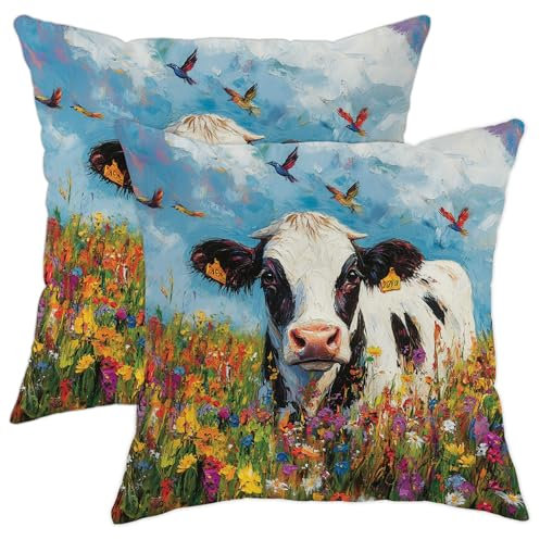 Juego de 2 fundas de cojín con diseño floral de vaca lechera colorida, decoración de granja de primavera para el hogar, sofá, cama, almohadas cuadradas decorativas de 18 x 18 pulgadas