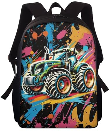 Wnbucioht Kinder-Rucksack für Schule, Büchertasche, Jungen, Mädchen, Schulranzen, 38,1 cm, personalisierbar, Kindergarten, Bunter Kunst-Traktor, Einheitsgröße