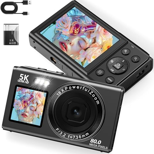 5K 80MP Appareil Photo avec WiFi, écran LCD de 2,4 et écran pour Selfie de 1,5, Zoom numérique 18X et Carte SD de 32G, Vlogging Appareil Photo numérique Compact pour Adolescents débutants (Noir)