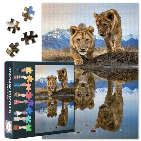 Spiegelung des Löwen Jigsaw Puzzles 1000 Stücke für Erwachsene Löwen Puzzles Home Wanddekoration Tier Herausforderungspuzzle Geeignet für Spielnächte Fertiggestellt Puzzle Größe: 70x50cm