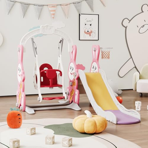 Kinderrutsche, Babyschaukel, 4-in-1, mit Schaukeln, Treppen, Gleiten, Basketballgestellen, Spielplatz für drinnen und draußen, multifunktional (Rosa, Kaninchen)