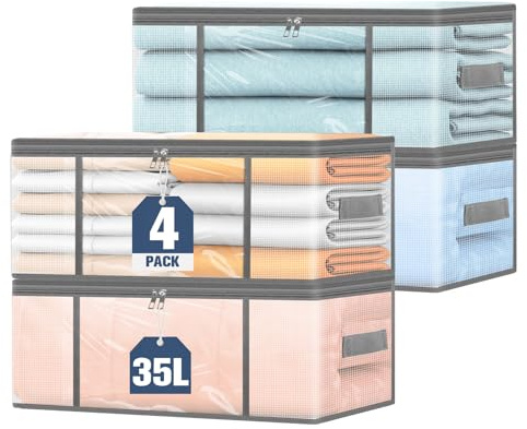 Aevcvok 4 Pezzi Scatole per Armadio 35L Trasparenti, Scatole per Vestiti Pieghevoli con Doppia Cerniera e Manici, Contenitori Vestiti Qrganizer Armadio Salvaspazio