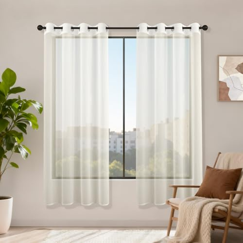 Runyéla Voile Gardinen mit Ösen 2er Set, Vorhänge für Wohnzimmer | H 175 x B 140 Beige Transparent Stores Küche Sheer Curtains Tageslicht Durchsichtig Ösenvorhang Kurz für Schlafzimmer