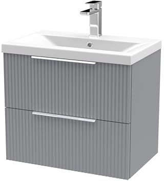 Balterley Vanity Unit with Basin Wall Hung, 2 Drawer Soft Close with Mid Edge Sink and Handles, Bathroom Vanity Units with Basin, Fluted Front Sink Cabinet - 610 x 390 x 540mm (Grey)