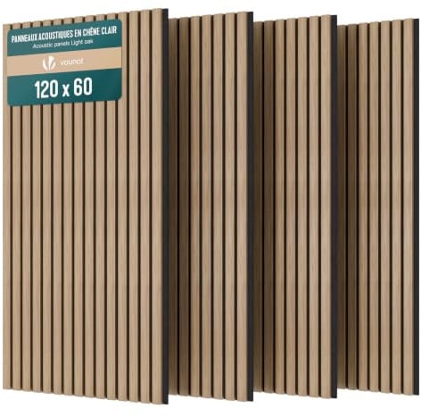 VOUNOT® Wooden Slat Acoustic Wall Panels 4 Pack 120x60 cm, Sound Absorbing Decorative Wood Panelling for Living Room, Bedroom & Office, Light Oak