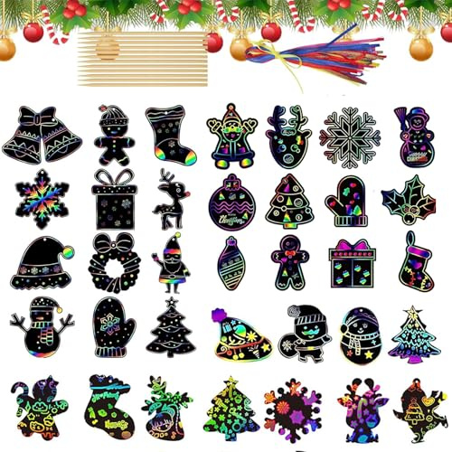 ZaoGoin 48 Basteln Weihnachten Kinder, Christmas Kratzbilder Set mit 48 Blättern, Kreatives Weihnachts Geschenk für Kinder von 4-12 Jahren, Ideal zum Dekorieren und Gestalten