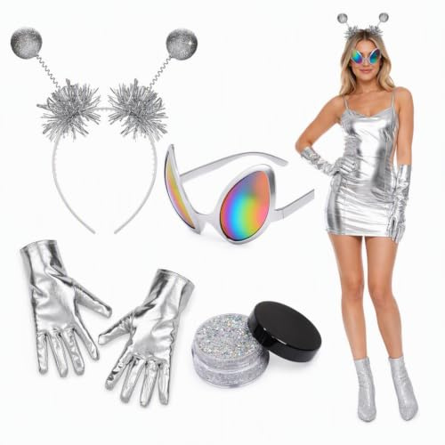 YceLon Alien Kostüm Damen, 4-teiliges Set mit Stirnband, Handschuhen, Brille und Glitzer, Ideal für Karneval, Halloween und Kostümpartys, Space Kostüm Damen, Alien Kostüm Erwachsene