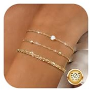 3 Stück Armband Damen Silber 925 Armbänder Gold Armband Mit Zirkonia Wasserfest Armbänder Set Vergoldet Damenarmband Stapelbare Tennis Perlen Verstellbar Armkette Schmuck Geschenk für Damen Frauen