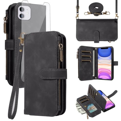 Asuwish Phone Case for iPhone 11 6.1 Zipper Wallet Cell Cover with Tempered Glass Screen Protector Crossbody Wrist Strap Flip Credit Card Holder iphone11case iPhone11 i Phone11 11s XI 11R Women Black