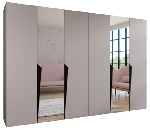 MEBLE KRYSPOL - Kleiderschrank - Garderobenschrank - 300 cm x 202 x 52 cm - Schrank mit Kleiderstange und Spiegel, 6 Türen - für Schlafzimmer, Flur - Piano, Kaschmir, Griff Schwarz