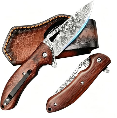 XEESHININ Damast Taschenmesser Einhandmesser Holzgriff Lederetui EDC Messer | Robustes Outdoor Messer mit scharfer Damastklinge, komfortablem Holzgriff praktischer Lederscheide für Alltag und Abenteuer