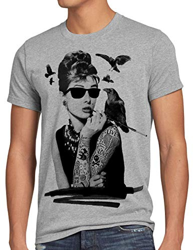 style3 Audrey Tattoo Herren T-Shirt Hollywood Film Hepburn Star, Größe:XXL, Farbe:Grau meliert
