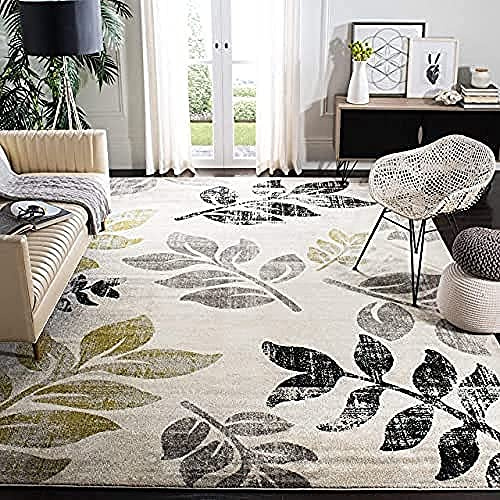 SAFAVIEH Porcello Collection Area Rug - 8' x 11'2, Ivory & Green, Foliage Distressed Design, Non-Shedding & Easy Care, Ideal for High Traffic Areas in Living Room, Bedroom (PRL3729A)