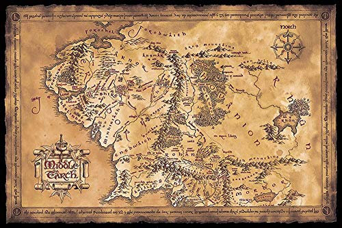Close Up Herr der Ringe Poster Karte von Mittelerde (Dark) (91,5cm x 61cm) + 2 St. Schwarze Posterleisten mit Aufhängung