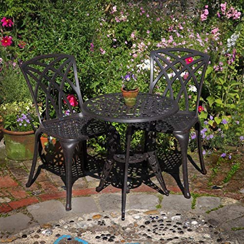Lazy Susan - Rose Bistrotisch mit 2 Stühlen - Rundes Gartenmöbel Set aus Metall, Antik Bronze (Rose Stühle, Blaue Kissen)