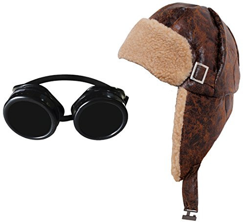 I LOVE FANCY DRESS LTD FLIEGERMÜTZE/RUSSEN KOSTÜM VERKLEIDUNG Retro Variation=HELLES TEDDYFELL Innenseite = Kunstleder KAMPFFLIEGER MÜTZE MIT OHRKLAPPEN Variation + SCHWARZEN Goggles