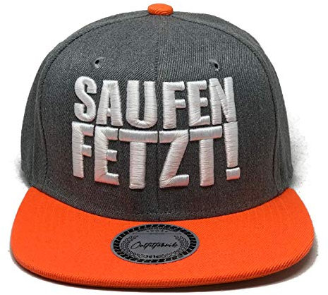 Outfitfabrik Snapback Cap Saufen fetzt! in grau-orange, mit weißem 3D Stick (Sprueche, Geschenk, Festival, Statement, Mir reichts ich GEH Saufen), für Männer und Frauen, One Size, verstellbar