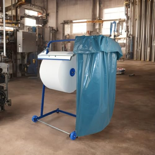 Bodenständer mit Müllsackhalterung | für Putztuchrollen-Industrierollen bis 40 cm Breite | Metall blau | fahrbarer Putzrollenhalter für Industrie-Handwerk-Werkstatt