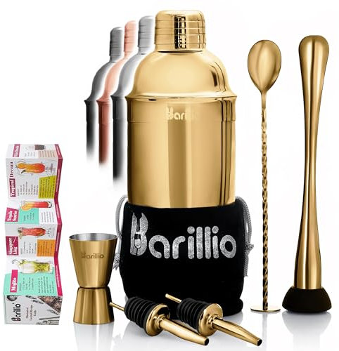 Barillio Gold Mixology Barkeeper-Set – 8-teiliges Reise-Cocktail-Shaker-Set aus Edelstahl mit Tasche – Bar-Werkzeuge mit Martini-Shaker, Getränke-Mixerlöffel und Mojito-Stößel für Cocktails – Bar &