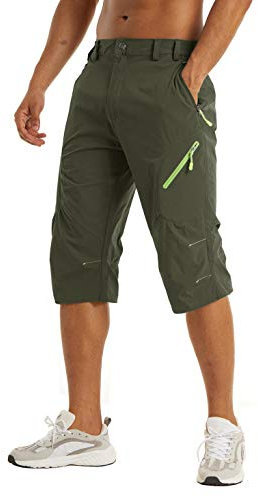 KEFITEVD Herren 3/4 Radhose MTB Hose mit Zip-Taschen Stretchbund Caprihose Outdoor Trekkinghose Schnelltrocknend Wandern Trekking Shorts Männer Dunkeloliv 36