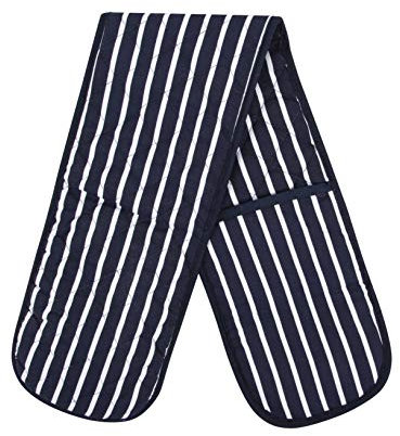 100% Cotton Butcher Stripe Quilted Double Oven Gloves Pot Holder Heat Resistant Mitt Come in Four Colours (Navy)