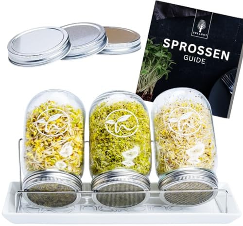 ZELLGUT® 2in1 Sprossenglas 3er Set - Keimglas 100% Plastikfrei - Vorratsglas Funktion durch extra Deckel - hochwertiger Edelstahl - Leichtes Keimen durch Anleitung & besonders geformte Keimgläser