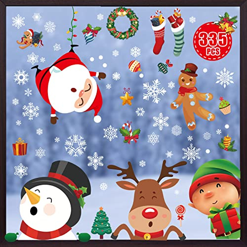 NMKL Christmas Window Stickers 335pcs, Double Sided PVC, Red & Green Cartoon Winter Design, Santa Claus, Gingerbread, Reusable & Water Resistant, Ideal for Windows & Glass Surfaces