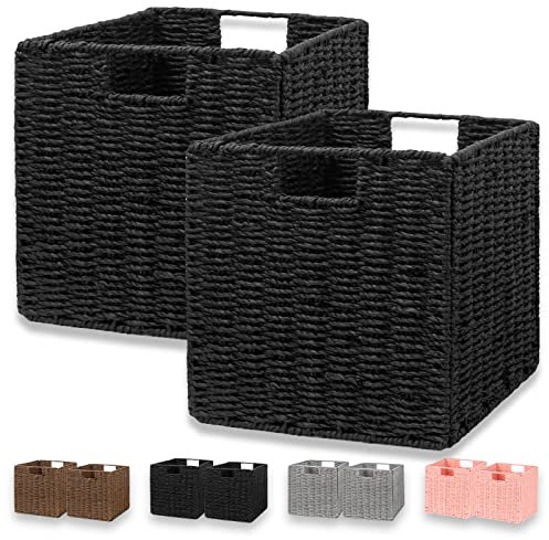 Vagusicc Storage Basket, Set of 2 Hand-Woven Paper Rope Wicker Baskets, Foldable Storage Bins, Large Wicker Storage Square Baskets for Shelves Organizing & Decor, Black (11″×11″×11″)