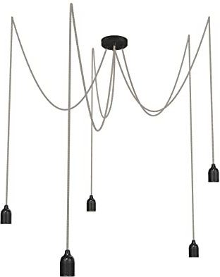 Relight Pendelleuchte 5-flammig Kraken (höhenverstellbar), E27 Lampenfassungen aus Bakelit, 5x 1.5 Meter Textilkabel Leinen-Braun Zick Zack