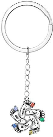 Kaululu Personnalisé Prénom Pieds Porte-clés avec 5 Noms Gravure Pieds Pendentif Pierre de Naissance Mémorial Anniversaire Cadeau pour Femmes Hommes
